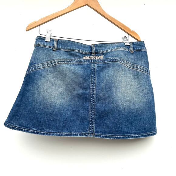 Vintage Roberto Cavalli Y2K Micro Mini Jean Denim Skirt Rhinestone Large - Picture 3 of 12